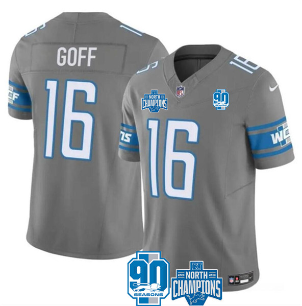 Men's Detroit Lions #16 Jared Goff Gray 2023 90th Anniversary North Division Champions Patch Limited Stitched Jersey