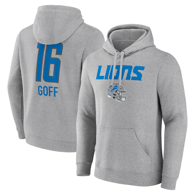 Men's Detroit Lions #16 Jared Goff Heather Gray Team Wordmark Player Name & Number Pullover Hoodie