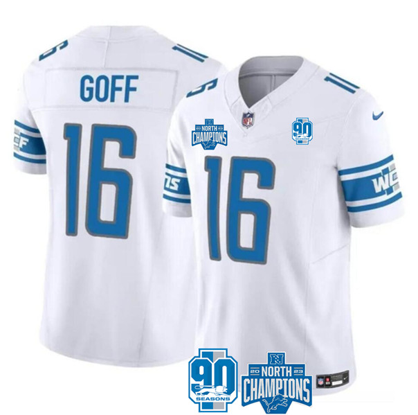 Men's Detroit Lions #16 Jared Goff White 2023 90th Anniversary North Division Champions Patch Limited Stitched Jersey