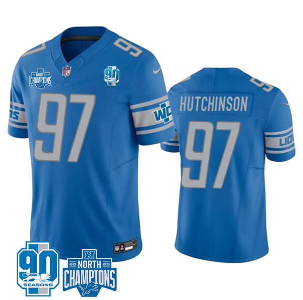 Men's Detroit Lions #97 Aidan Hutchinson Blue 2023 90th Anniversary North Division Champions Patch Limited Stitched Jersey