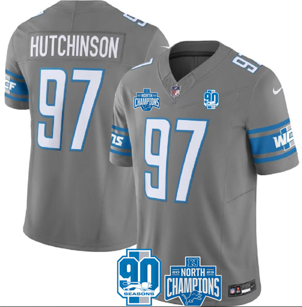 Men's Detroit Lions #97 Aidan Hutchinson Gray 2023 90th Anniversary North Division Champions Patch Limited Stitched Jersey