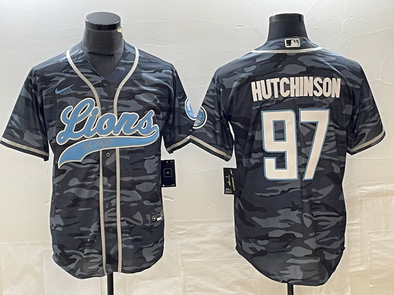 Men's Detroit Lions #97 Aidan Hutchinson Grey Camo With Patch Cool Base Stitched Baseball Jersey