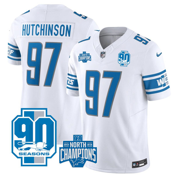 Men's Detroit Lions #97 Aidan Hutchinson White 2023 90th Anniversary North Division Champions Patch Limited Stitched Jersey