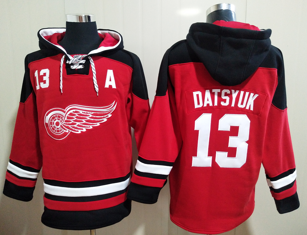 Men's Detroit Red Wings #13 Pavel Datsyuk Red All Stitched Hooded Sweatshirt Ageless Must-Have Lace-Up Pullover Hoodie