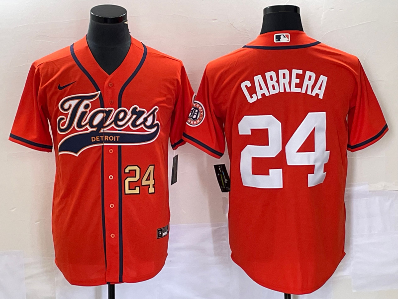Men's Detroit Tigers #24 Miguel Cabrera Number Orange Cool Base Stitched Baseball Jersey