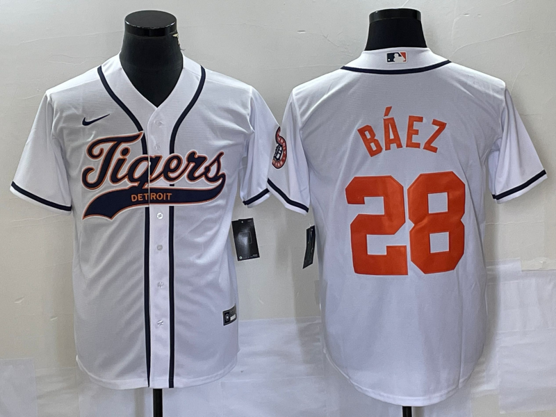Men's Detroit Tigers #28 Javier Báez White Cool Base Stitched Baseball Jersey