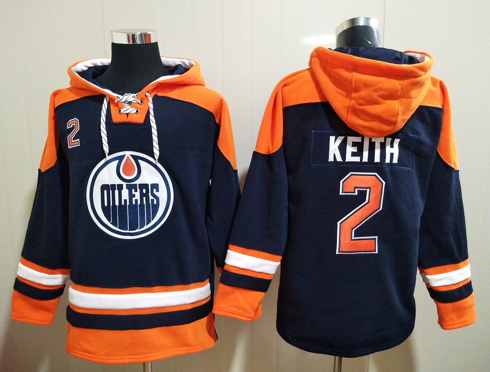 Men's Edmonton Oilers #2 KEITH Dark Blue All Stitched Hooded Sweatshirt Ageless Must-Have Lace-Up Pullover Hoodie