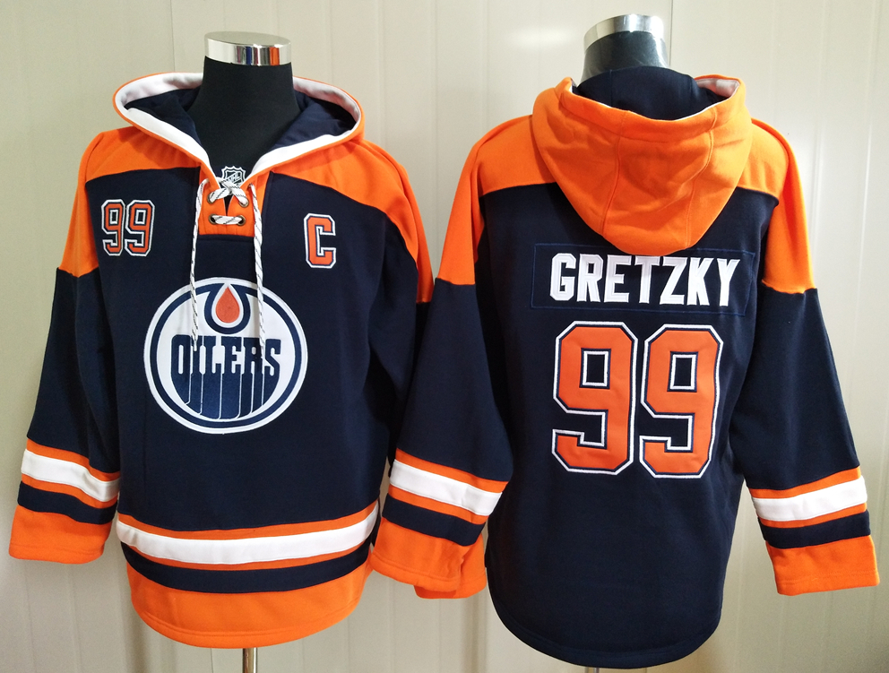 Men's Edmonton Oilers #99 Wayne Gretzky Dark Blue All Stitched Hooded Sweatshirt Ageless Must-Have Lace-Up Pullover Hoodie