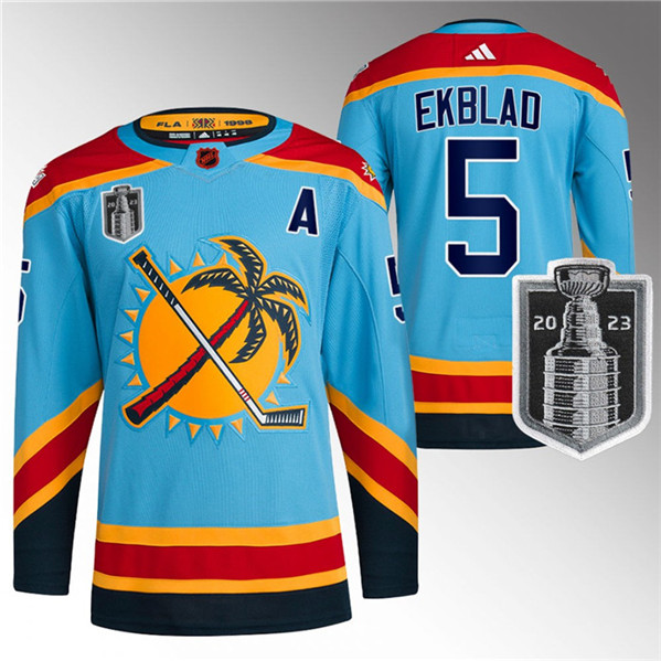 Men's Florida Panthers #5 Aaron Ekblad Blue 2023 Stanley Cup Final Reverse Retro Stitched Jersey