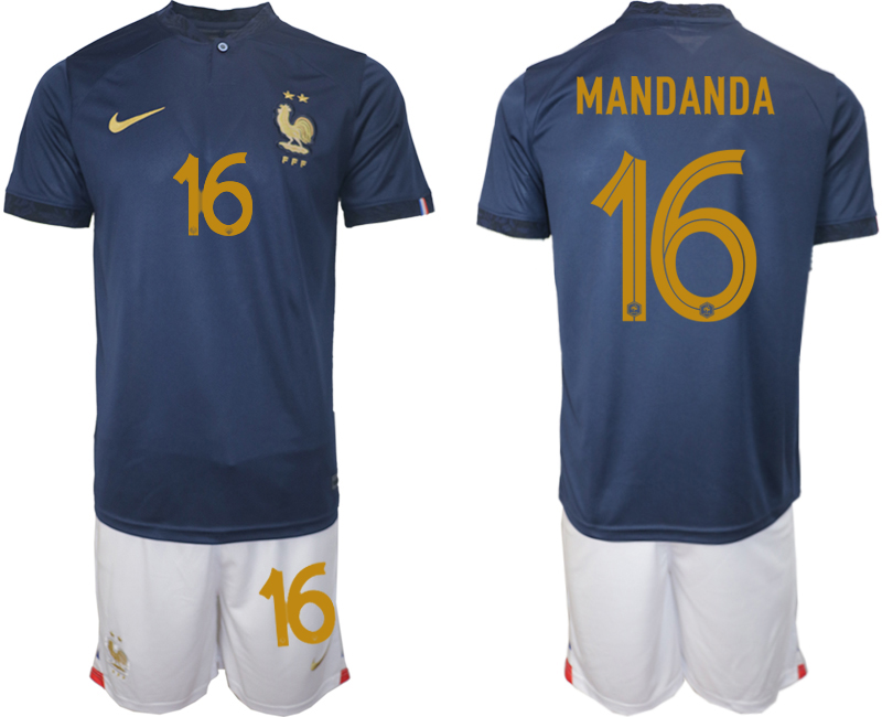 Men's France  #16 MANDANDA Navy Home Soccer 2022 FIFA World Cup Suit Jerseys