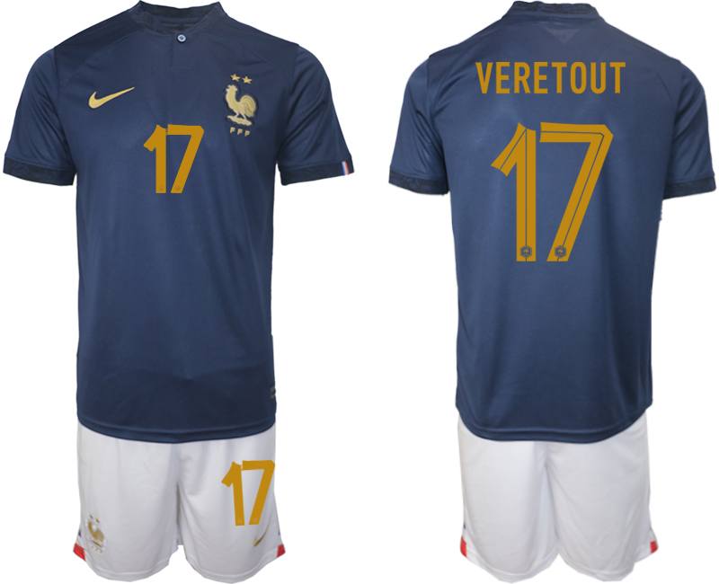 Men's France  #17 VERETOUT Navy Home Soccer 2022 FIFA World Cup Suit Jerseys