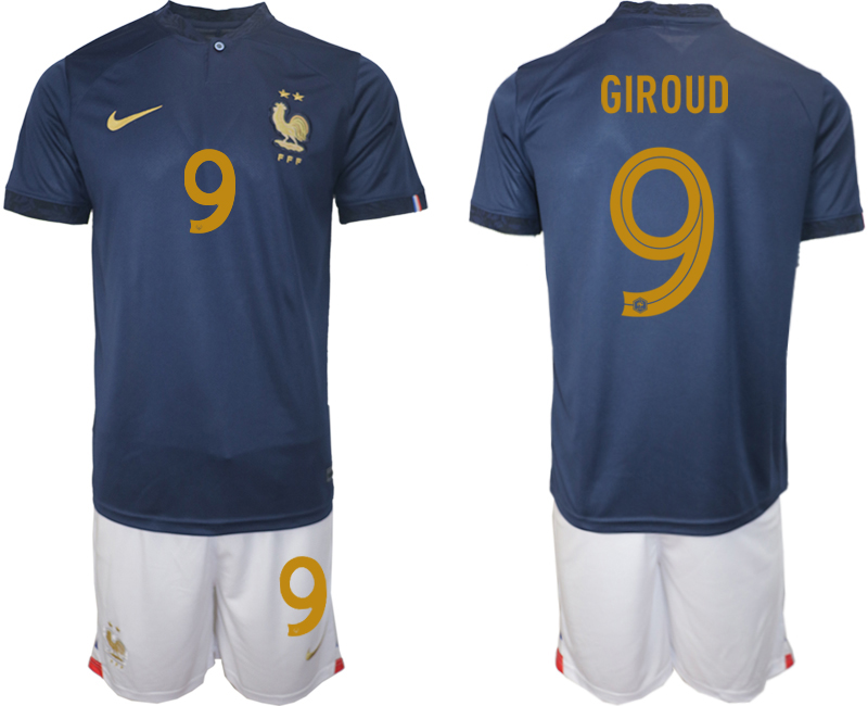 Men's France  #9 GIROUD Navy Home Soccer 2022 FIFA World Cup Suit Jerseys