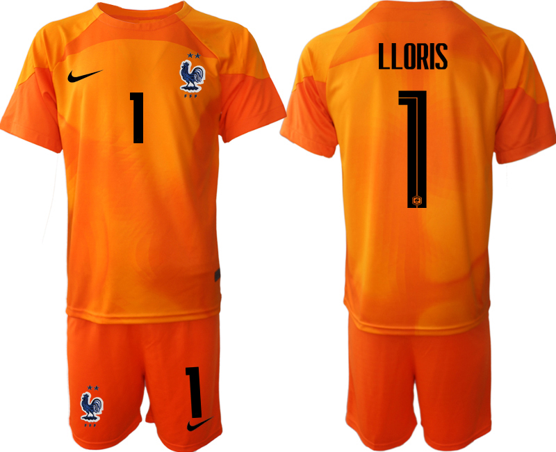 Men's France #1 LLORIS Goalkeeper Orange Home Soccer 2022 FIFA World Cup Suit Jerseys