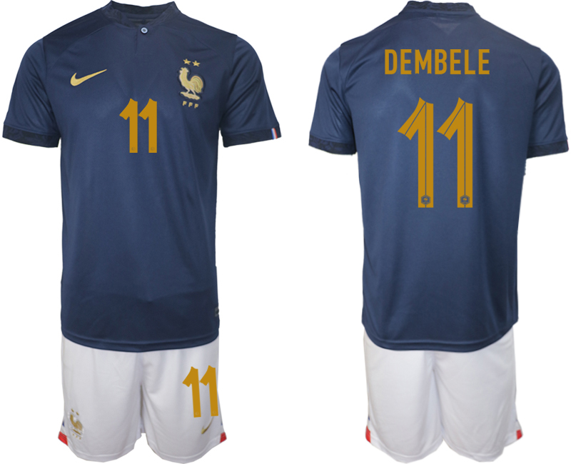 Men's France #11 DEMBELE Navy Home Soccer 2022 FIFA World Cup Suit Jerseys
