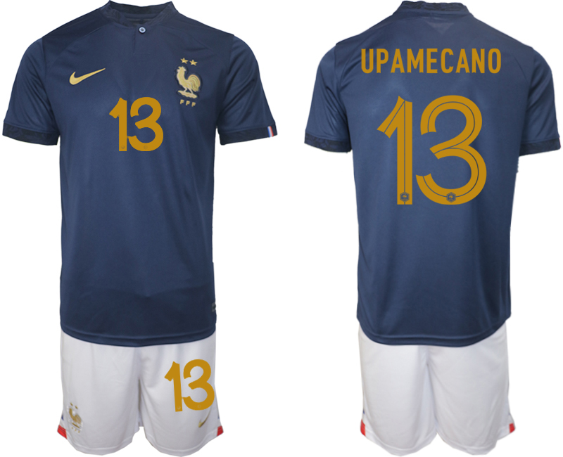 Men's France #13 UPAMECANO Navy Home Soccer 2022 FIFA World Cup Suit Jerseys
