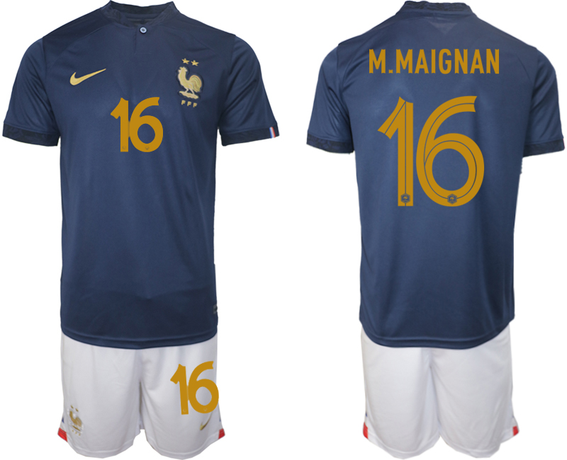 Men's France #16 M.MAIGNAN Navy Home Soccer 2022 FIFA World Cup Suit Jerseys