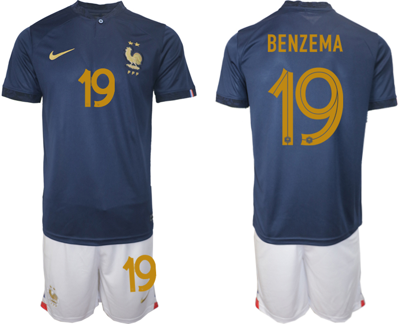 Men's France #19 BENZEMA  Navy Home Soccer 2022 FIFA World Cup Suit Jerseys