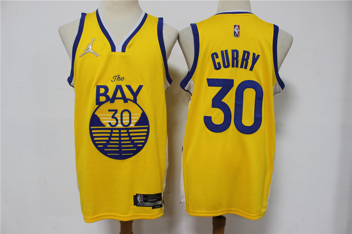 Men's Golden State Warriors #30 Stephen Curry 75th Anniversary Diamond Yellow Jordan 2021 Stitched Jersey