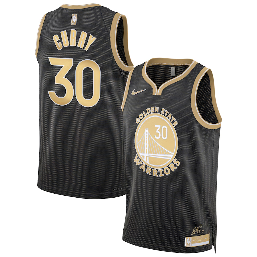 Men's Golden State Warriors 30 Stephen Curry Black Gold 2024 Select Series Stitched Jersey