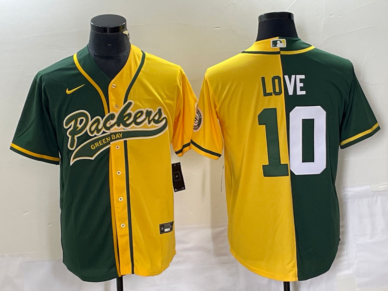 Men's Green Bay Packers #10 Jordan Love Green Yellow Split With Patch Cool Base Stitched Baseball Jersey