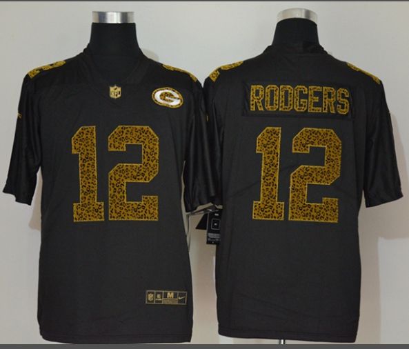Men's Green Bay Packers #12 Aaron Rodgers Black 2020 Nike Flocked Leopard Print Vapor Limited NFL Jersey