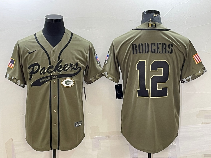 Men's Green Bay Packers #12 Aaron Rodgers Olive 2022 Salute to Service Cool Base Stitched Baseball Jersey