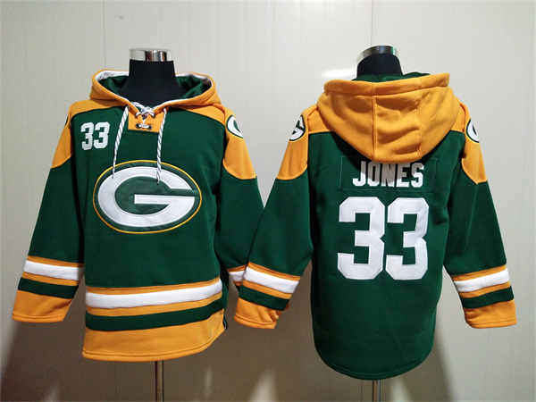 Men's Green Bay Packers #33 Aaron Jones Green Lace-Up Pullover Hoodie