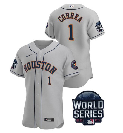Men's Houston Astros #1 Carlos Correa 2021 Grey World Series Flex Base Stitched Baseball Jersey