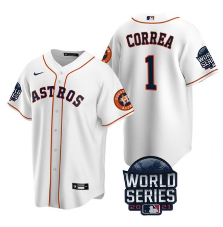 Men's Houston Astros #1 Carlos Correa 2021 White World Series Cool Base Stitched Baseball Jersey