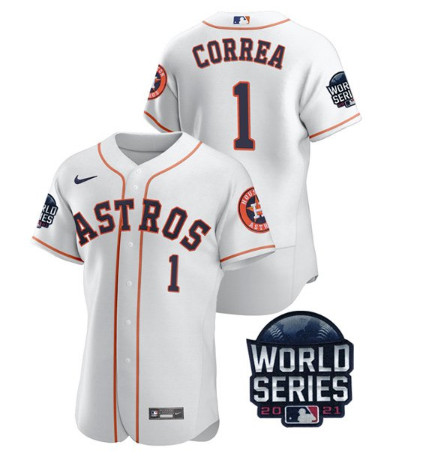 Men's Houston Astros #1 Carlos Correa 2021 White World Series Flex Base Stitched Baseball Jersey