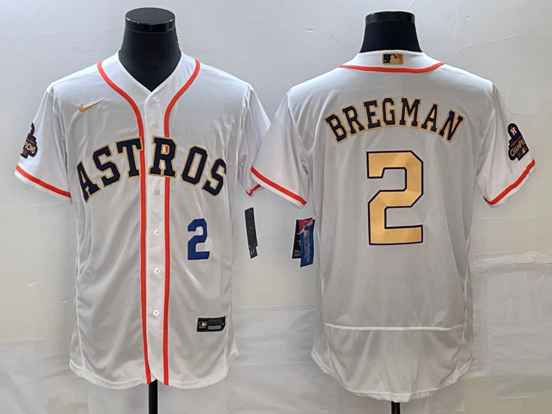 Men's Houston Astros #2 Alex Bregman Number 2023 White Gold World Serise Champions Patch Flex Base Stitched Jersey