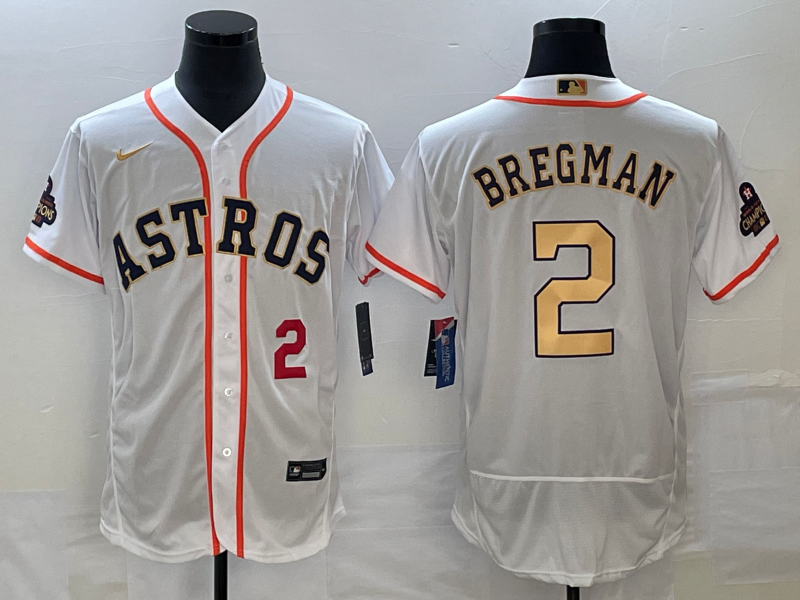 Men's Houston Astros #2 Alex Bregman Number 2023 White Gold World Serise Champions Patch Flex Base Stitched Jersey1