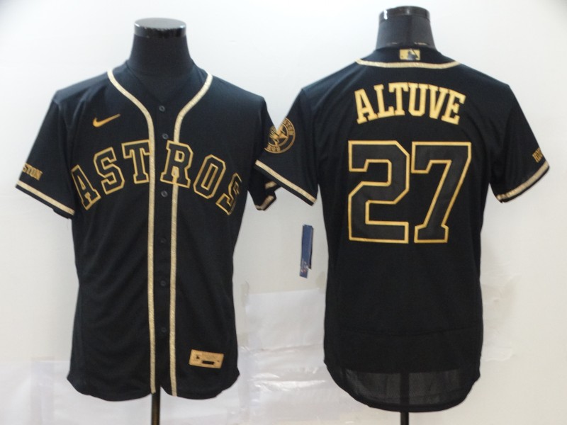 Men's Houston Astros #27 Jose Altuve Black Gold Stitched MLB Flex Base Nike Jersey