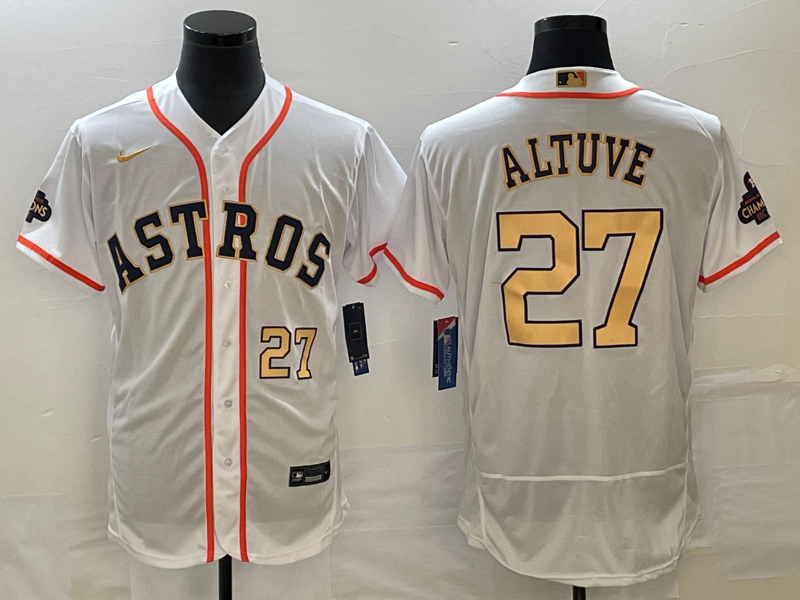 Men's Houston Astros #27 Jose Altuve Number 2023 White Gold World Serise Champions Patch Flex Base Stitched Jersey