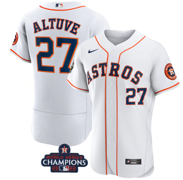 Men's Houston Astros #27 Jose Altuve White 2022 World Series Flex Base Stitched Baseball Jersey