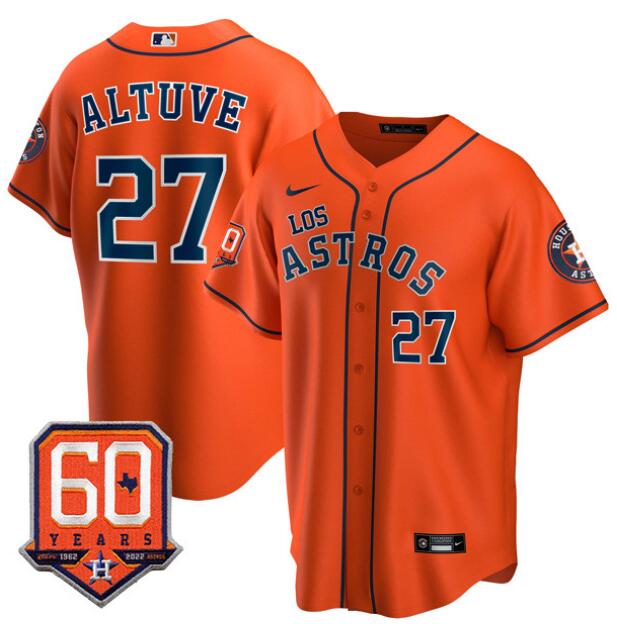 Men's Houston Astros #27 Jose Altuve Orange “Los Astros” Hispanic Heritage Jersey w 60th Anniversary Patch – All Stitched
