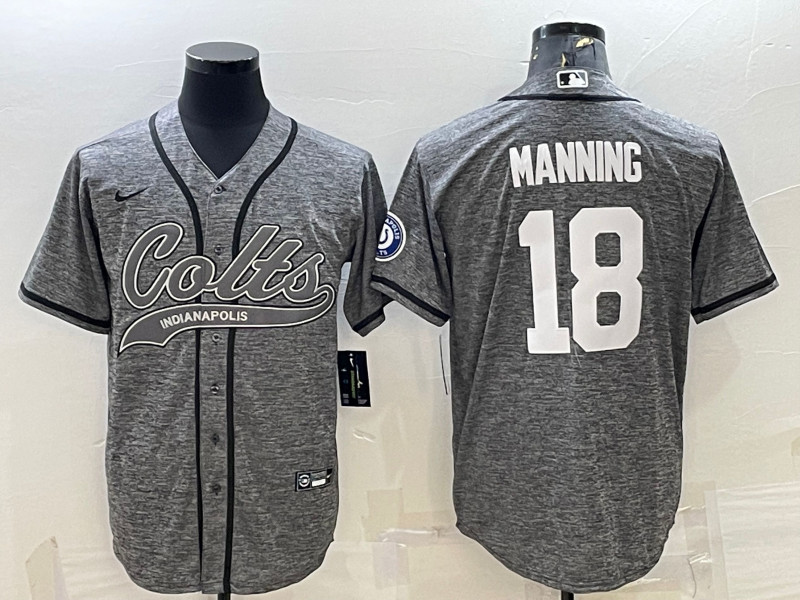 Men's Indianapolis Colts #18 Peyton Manning Grey Gridiron With Patch Cool Base Stitched Baseball Jersey