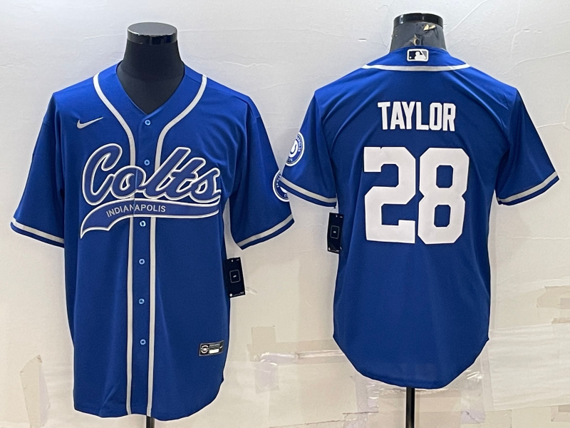 Men's Indianapolis Colts #28 Jonathan Taylor Blue With Patch Cool Base Stitched Baseball Jersey