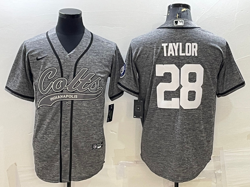 Men's Indianapolis Colts #28 Jonathan Taylor Grey Gridiron With Patch Cool Base Stitched Baseball Jerseys