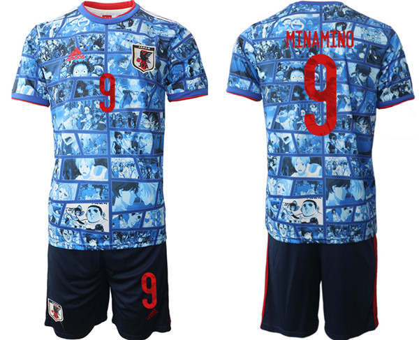 Men's Japan #9 Minamino Blue Home Soccer 2022 FIFA World Cup Jerseys Suit