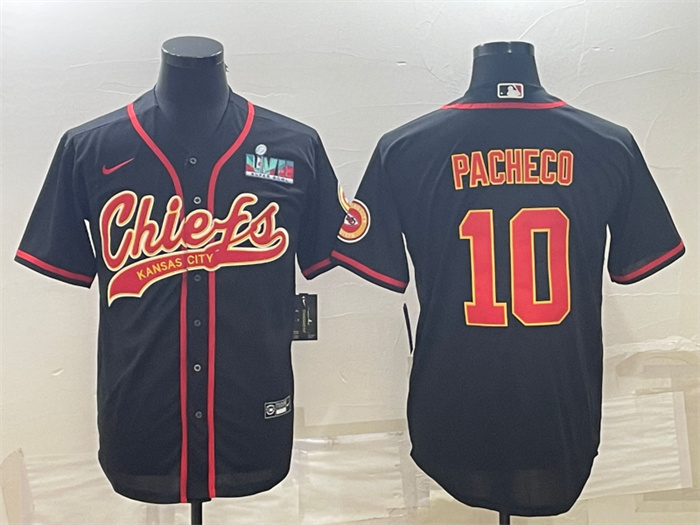 Men's Kansas City Chiefs #10 Isiah Pacheco Black With Super Bowl LVII Patch Cool Base Stitched Baseball Jerseys