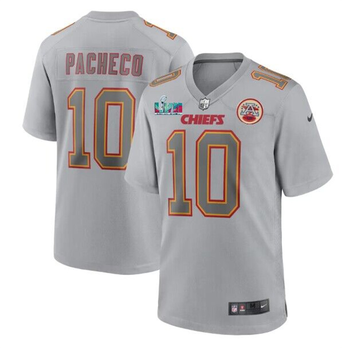 Men's Kansas City Chiefs #10 Isiah Pacheco Grey With Left A Patch Right Super Bowl LVII Patch Atmosphere Fashion Stitched Game Jersey