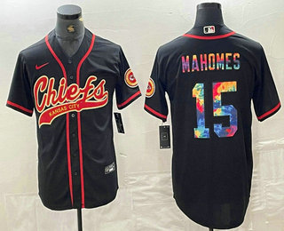 Men's Kansas City Chiefs #15 Patrick Mahomes Black Multi Color With Patch Cool Base Stitched Baseball Jersey