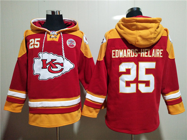 Men's Kansas City Chiefs #25 Clyde Edwards-Helaire Red Lace-Up Pullover Hoodie