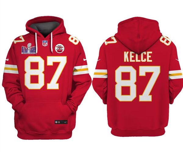 Men's Kansas City Chiefs #87 Travis Kelce Red Super Bowl LVIII Patch Limited Edition Hoodie