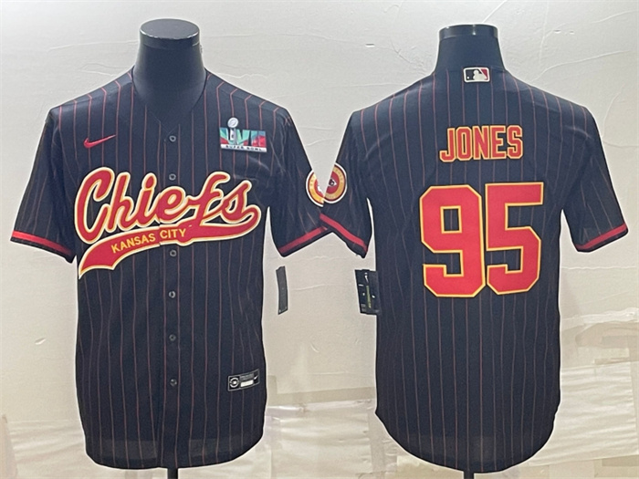 Men's Kansas City Chiefs #95 Chris Jones Black With Super Bowl LVII Patch Cool Base Stitched Baseball Jerseys