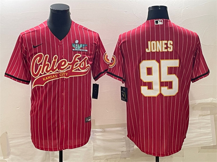 Men's Kansas City Chiefs #95 Chris Jones Red With Super Bowl LVII Patch Cool Base Stitched Baseball Jerseys