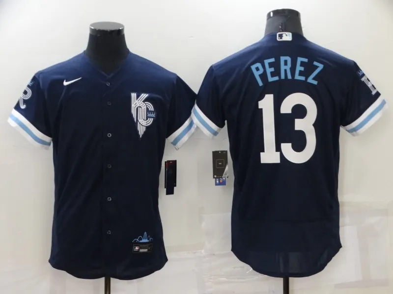 Men's Kansas City Royals #13 Salvador Perez 2022 Navy City Connect Flex Base Stitched MLB Jersey