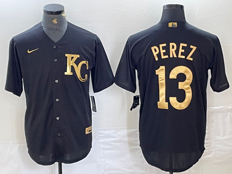 Men's Kansas City Royals #13 Salvador Perez Black Gold Cool Base Stitched Jersey