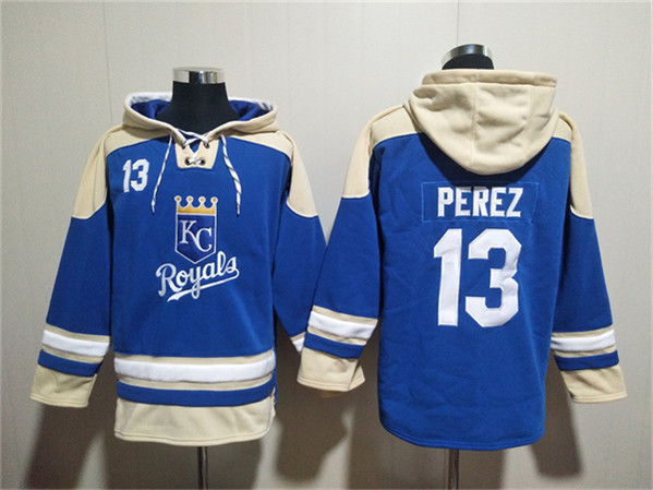 Men's Kansas City Royals #13 Salvador Perez Blue Ageless Must-Have Lace-Up Pullover Hoodie